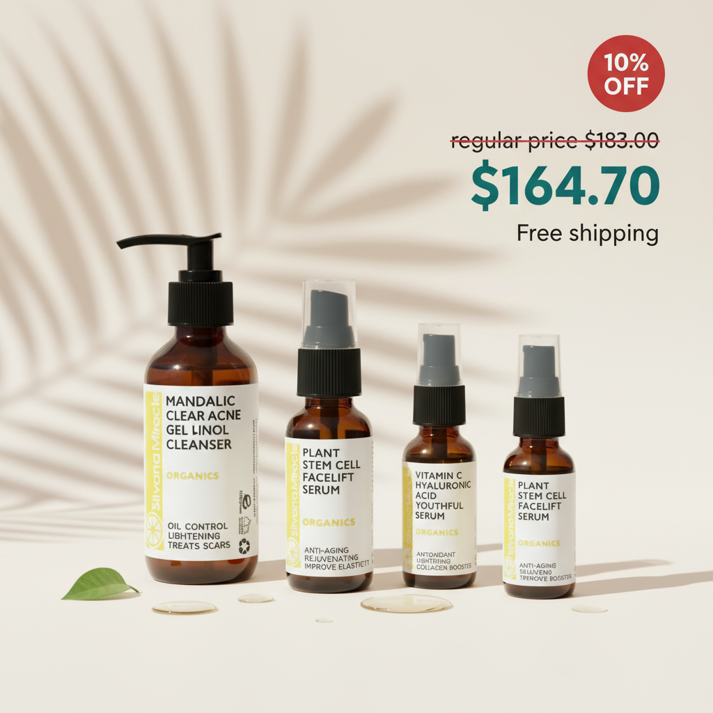 Complete Skin Renewal Bundle: Mandelic Clarifying Cleanser + Clear Skin Renewal Serum + Vitamin C Brightening Serum + Plant Stem Cell Renewal Serum