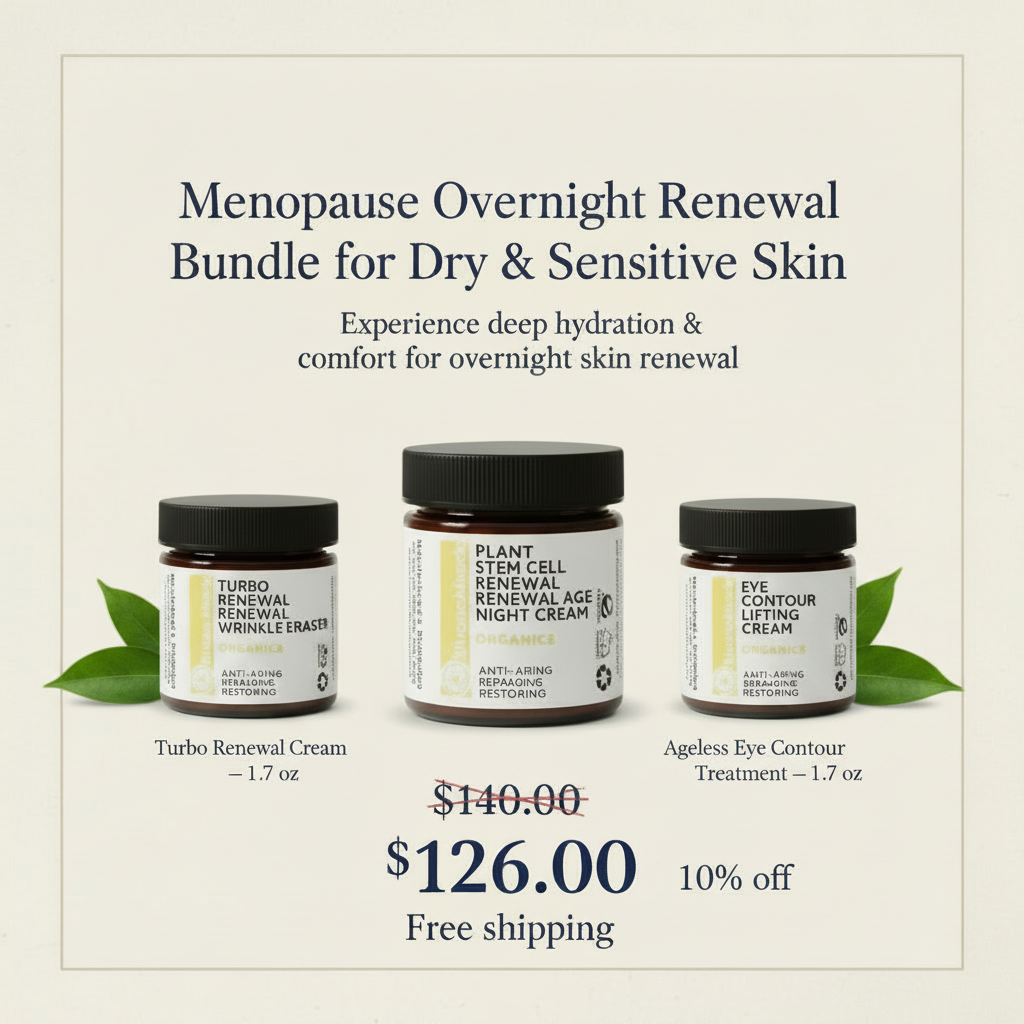 Menopause bundle graphic with green leaves and product sizes