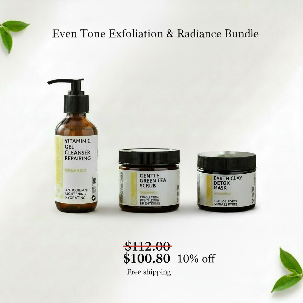 Even Tone Exfoliation and Radiance Bundle with no price over the bottles, $112 crossed out, $100.80 offer price, 10% off, and free shipping at the bottom